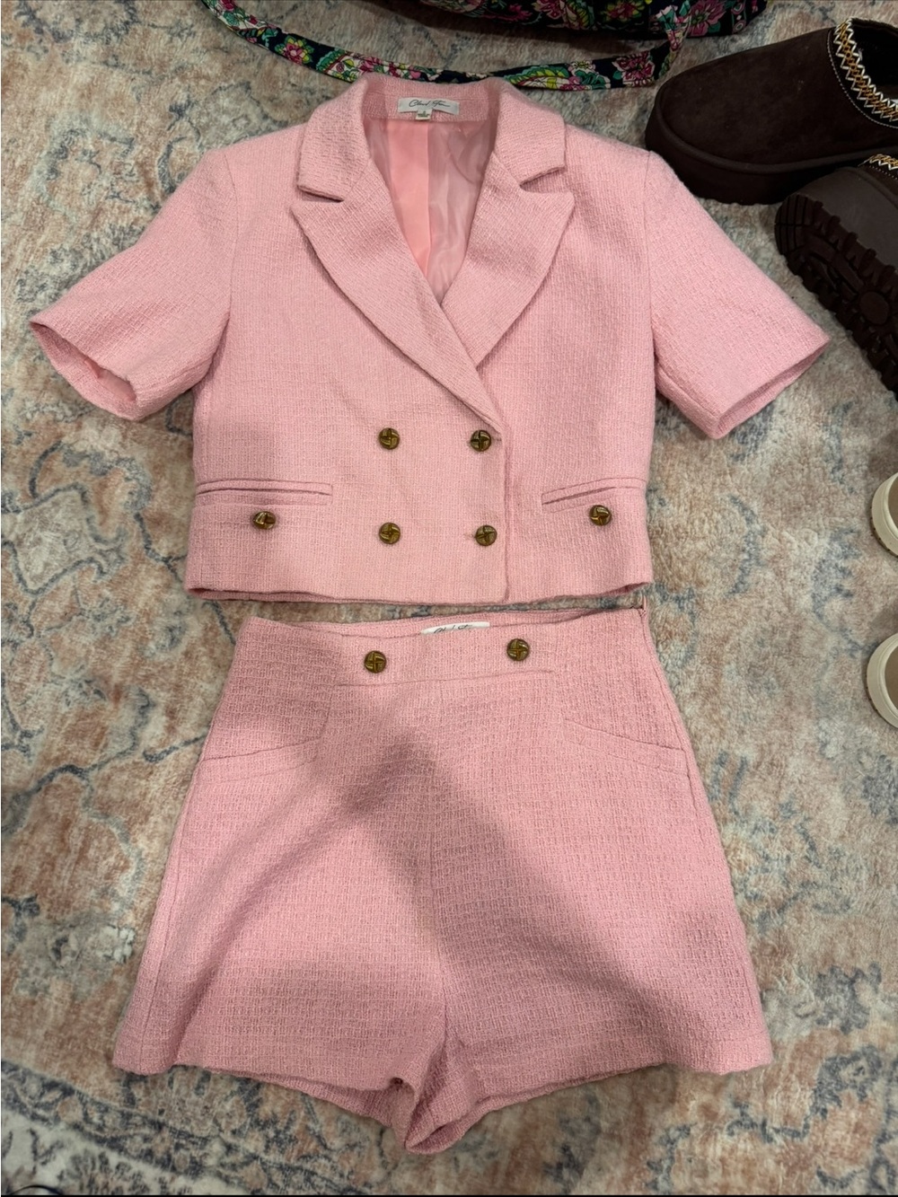 Pink Tweed Two-Piece Cropped Blazer & High-Waist Shorts Set